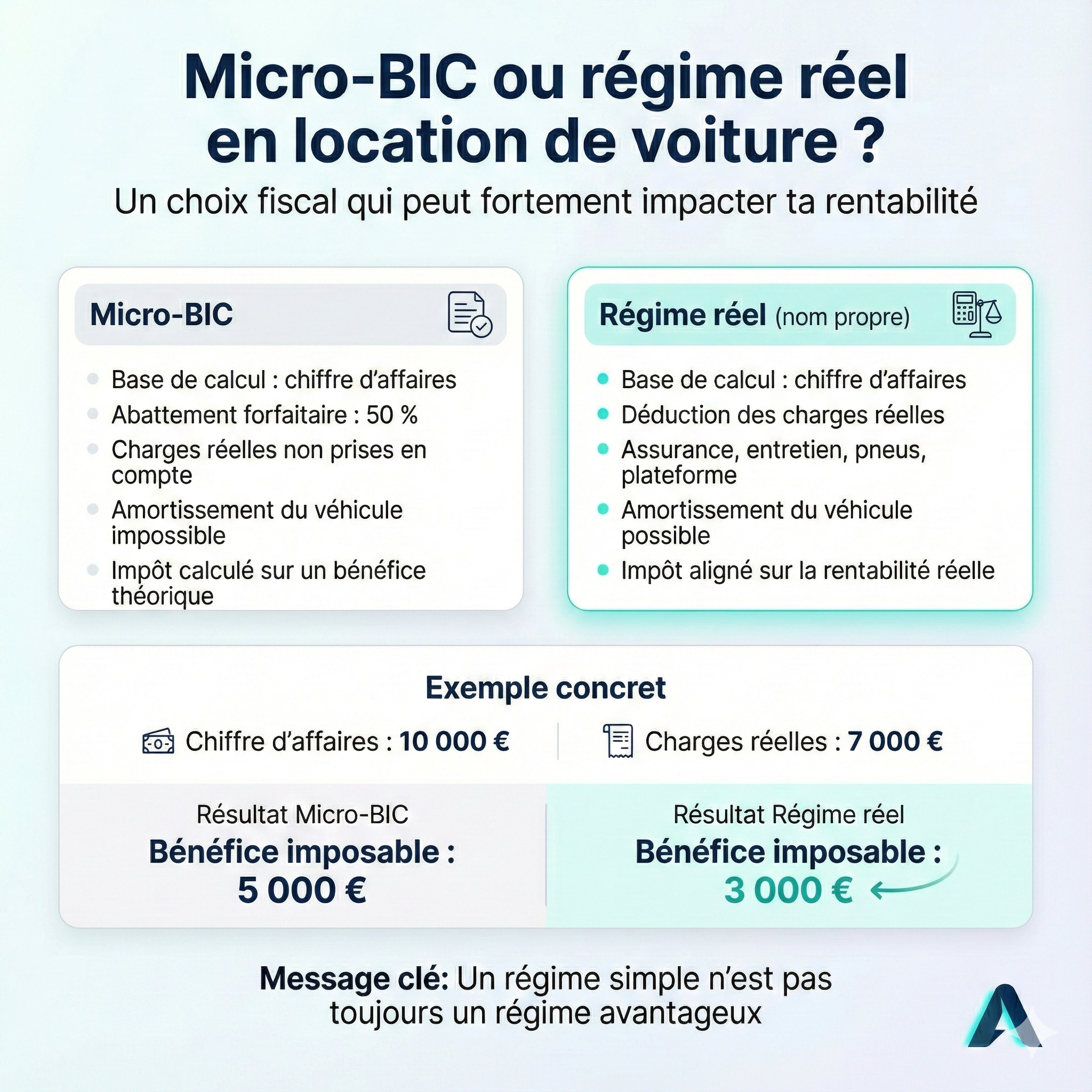 Infographie comparatif Micro-BIC vs régime réel en location de voiture